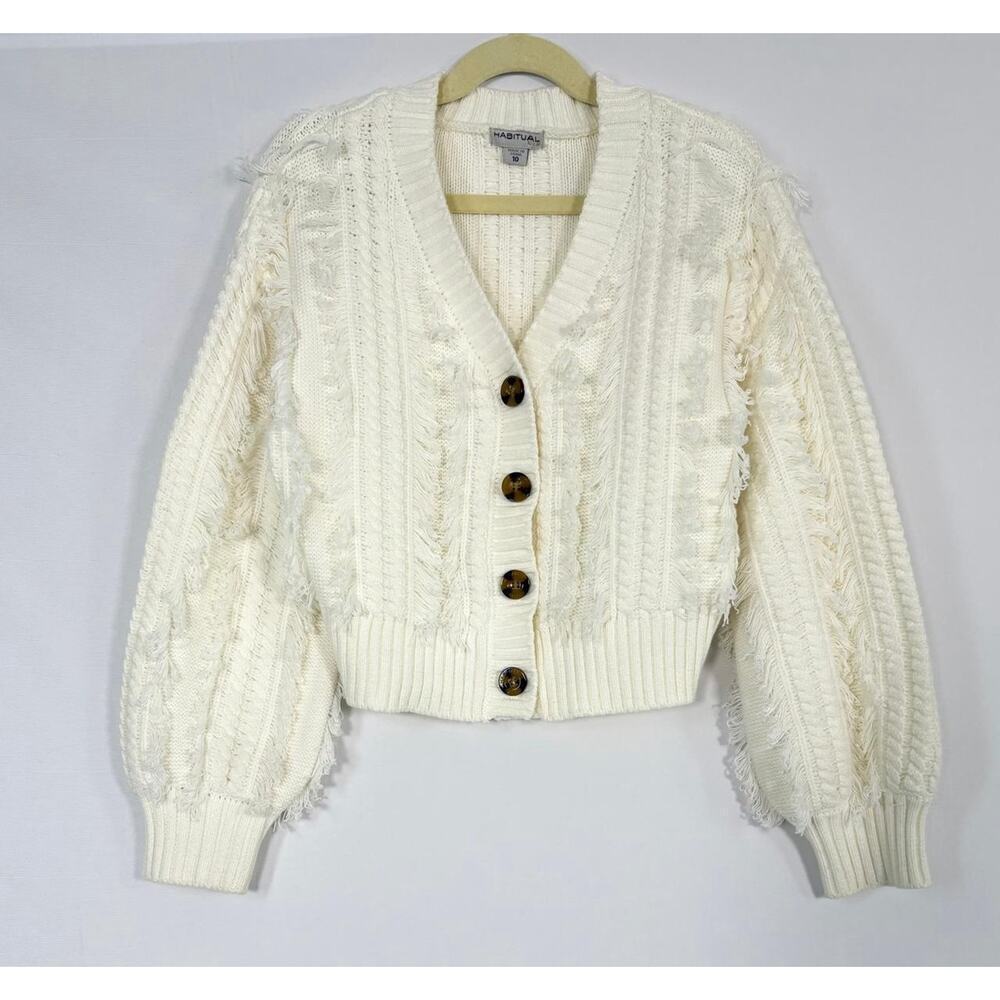 Habitual Kid Girls Cable Knit‎ Cardigan Sweater with fringe detail - SZ 10 White